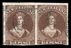 6d. red-brown horizontal pair with just clear to enormous margins and showing small portion of adjoining stamp at left, lightly cancelled with Christchurch duplex fine and
rare. Unlisted in Scott S.G. 122b, £2,250.