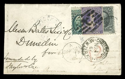 1867 (4 Aug.) envelope from Stockton, Maine Via Panama to the Captain of the Barque Montana at Lyttelton, bearing 1861-62 10c. green and 12c. grey-black indistinctly
cancelled, sent via the British Post Office at Panama (19.9) and upo