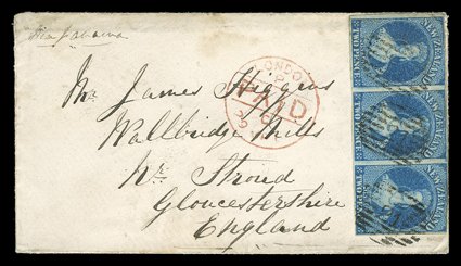 1868 (22 Jan.) envelope from Okitika via Panama to England, bearing 2d. deep blue, Plate II horizontal strip of three with good to very large margins nearly all round except
at top right, placed sideways at left and each neatly cancelled 2