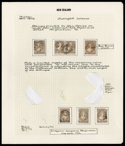 1d. used collection on leaves comprising perf. 10 (4 with a pair), perf. 10x12½ (7 with two pairs), perf. 10 compound with 12½ on one side (5 with one showing part double row
of perf. 10 at top) and perf. 12½ (26 with a strip of three and eight p