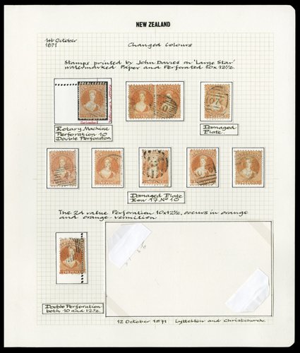 2d. collection on leaves, comprising Orange perf. 10x12½ (10 with two showing double perfs. and two retouched), perf. 12½ (15 with a strip of four cancelled 8 on piece, a
strip of three and a pair both with one retouched and a single with plate