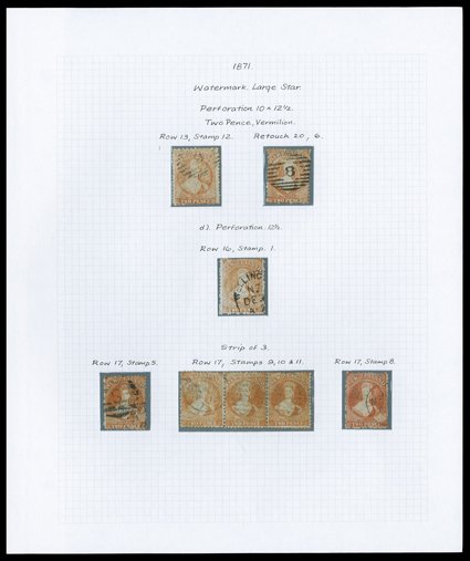 2d. retouches, a collection in various shades on four leaves and covering a comprehensive range of the various positions, comprising perf. 10x12½ (2) and perf. 10x12½ (33 with
a strip of three, two unused), and accompanied by a marginal reprint p