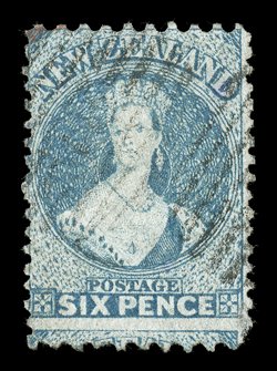 6d. blue, with light indistinct bars cancellations weak lower left corner perf., otherwise a pleasing example of this scarce stamp. Sc. 44 S.G. 131a, £550.