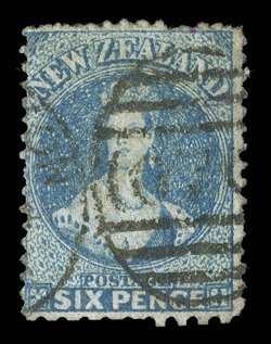 6d. blue, perforated 12½ compound with perforation 10 at foot, two examples in contrasting shades, one (tiny inclusion) in a pale shade cancelled 1 at Auckland, the other
(small imperfections) in a deeper shade with part Wellington 070 duplex