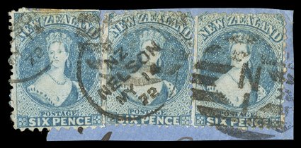 6d. blue, perforated 12½ compound with perforation 10 at foot, used with 6d. blue perf. 12½ horizontal pair, twice cancelled with Nelson n1 duplex on small piece the compound
perf. with small faults at top though a scarce usage. Sc. 41,