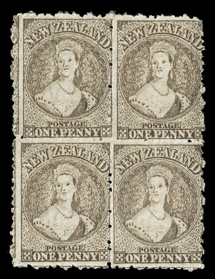 1d. brown block of four in a rich shade and showing some slight plate wear, fresh with part original gum fine and scarce. R.P.S. Certificate (2006). Sc. 39 S.G. 132a, £800+.
provenance: Gerald Ellott
