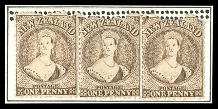 1d. brown horizontal strip of three showing slight plate wear and showing a partial double row of perforations at top, fresh with large part original gum. A fine and scarce
multiple of this perforation variety. Sc. 39 var. S.G. 132a var., £600+.