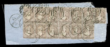 1d. brown, a block of thirteen (6x2 with an additional stamp still attached at upper right) with slight plate wear, cancelled with many strikes of the Christchurch C duplex
for 21 October 1872 and affixed to blue linen-backed piece small imper