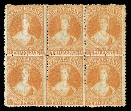 2d. orange block of six (3x2) with large part original gum the left-hand vertical pair with some creases and two stamps with inclusions, otherwise fresh and most attractive. A
scarce multiple. R.P.S. Certificate (2006). Sc. 40 S.G. 133, £1,020+