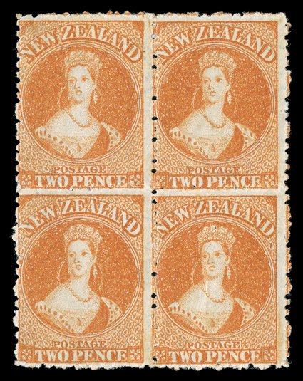 2d. vermilion block of four with part original gum, fresh color and most attractive. A scarce multiple. R.P.S. Certificate (2006) states vermilion though we believe this block
is closer to the orange shade group. Sc. 40 group S.G. 133134, £68