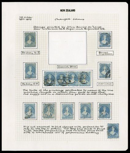 6d. blue selection in various shades, used, neatly mounted and written-up on two pages, comprising a horizontal strip of four with Dunedin duplex and twelve singles, one
overinked at foot and four with re-entries Row 163, 1710 (2) and 1810, on