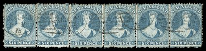 6d. blue horizontal strip of six thrice cancelled with Auckland 1 duplex for 30 July 1873 a handsome multiple. Sc. 41 S.G. 135, £300+.