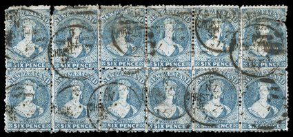 6d. pale blue, a block of twelve (6x2) cancelled with several Christchurch C duplex for 22 September 1873 perfs. severed and strengthened in places and the upper row of stamps
defective though a very rare multiple. Sc. 41 S.G. 136, £660+.