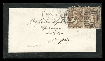 1871-73 envelopes (8) variously addressed with one sent locally within Wellington, bearing perf. 10x12½ 2d. orange (2, one very large on three sides and neatly cancelled with
Nelson n1 in oval of bars) and perf. 12½ 1d. brown (4 with a p