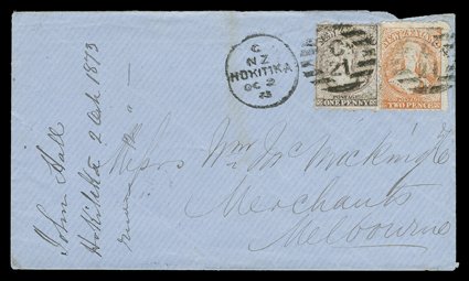 1873 (2 Oct.) blue envelope from Hokitika to Melbourne, bearing perf. 12½ 1d. brown worn plate and 2d. vermilion damaged plate impression twice cancelled with C21 duplex,
arrival c.d.s. (9.10) on reverse envelope with small fault above adhesi