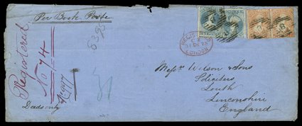 1873 (15 Oct.) blue wrapper (258x103mm.) registered Per Book Post with Deeds only from Wanganui to Louth, Lincs., bearing perf. 12½ 2d. orange pair and 6d. pale blue (2) each
cancelled 8 and showing London Registered oval d.s. (31.12) addit