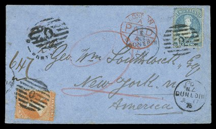1873 (8 July) blue envelope from Dunedin to New York, rated 2 and bearing perf. 12½ 2d. orange and 6d. pale blue in diagonally opposite corners and each cancelled with O
duplex, showing circular DETAINEDFORPOSTAGE cancelled O in oval of