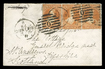 1872 (26 Sept.) envelope from Dunedin via Suez (deleted) to St. Andrews, bearing perf. 12½ 2d. orange horizontal strip of three twice cancelled with O duplex, arrival c.d.s.
(28.11) on reverse. Sc. 40 S.G. 133.