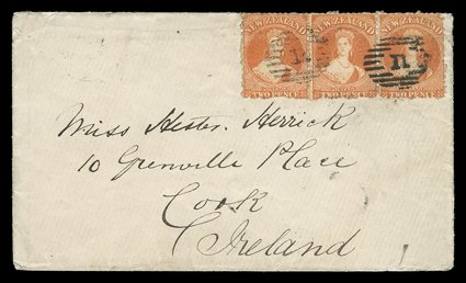 1873 (25 Nov.) envelope from Napier to Cork carried on the 1st. voyage of the short-lived Hall and Forbes service via Fiji by the Governor Blackall, bearing perf. 12½d. 2d.
vermilion horizontal strip of three twice cancelled 11 and showing, o