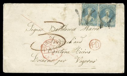 1872 (16 Feb.) envelope from Waimea Goldfields carried on the 2nd. Contract, 12th. voyage by the Nebraska to Locarno, bearing perf. 12½ 6d. pale blue (2) each cancelled with
large capital W h.s., showing manuscript 3, London Paid c.d.s.