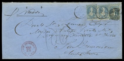 1872 (23 Feb.) triple rate blue envelope (210x100mm.) from Auckland to San Francisco carried on the 2nd. Contract, 11th. voyage by the Nevada, bearing perf. 12½ 6d. pale blue
(3) twice cancelled with 1 duplex and showing Paid All c.d.s. (