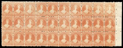 2d. vermilion block of thirty (3x10) with sheet margin at right, being Rows 1-33-10, [3-12, 15-24, 27-36], several showing damaged caused by the overheating of the plate,
fresh bright color and with large part or full original gum the central h
