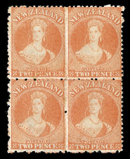 2d. vermilion block of four, fresh bright color and with very large part original gum, all but the upper left stamp remaining unmounted mint one pair with a faint fox mark
between, otherwise very fine. Sc. 48 S.G. 138, £600+.