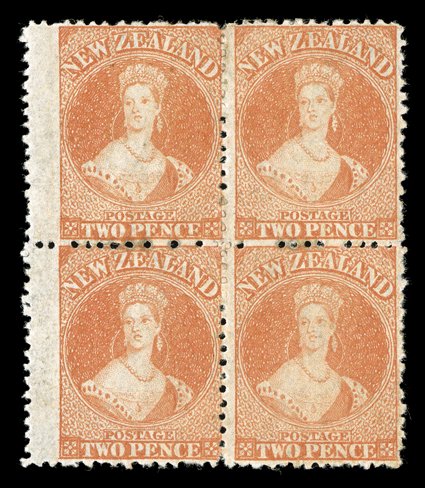 2d. vermilion block of four with wide perforation separation at left, deep color and fresh unused with part original gum. Sc. 48 S.G. 138, £600.