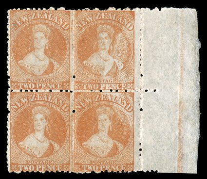 2d. vermilion retouched, a block of four, Rows 13-1411-12, with full sheet margin at right, the right-hand vertical pair sharing a semi-circular patch of weakening and with
Row 1312 showing retouching in the engine-turning to the right of the h