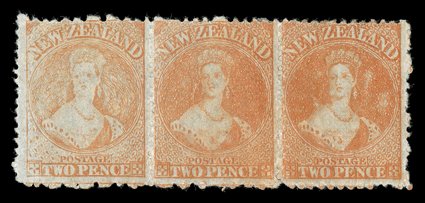 2d. vermilion, a horizontal strip of three, Row 161-3, with all three showing some damage to the design, fresh with part original gum. Sc. 48 S.G. 138, £450+.