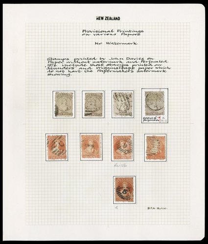 1d. brown (4, one with Row 1412 re-entry and showing damage at foot caused by faulty perforations, and one with small part cancellation at left) and 2d. vermilion (5, one in a
very deep shade cancelled 5, two retouched) generally good to fine