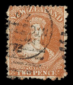 2d. vermilion showing part C of WT&Co papermakers watermark in script letters, a deep shade cancelled with part Dunedin duplex and with small part c.d.s. in red at lower right
corner very fine. Sc. 48 var. S.G. 138b, £1,300. provenance: