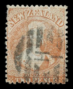2d. vermilion with plate damage at top, Row 110, and showing parts of WT&Co papermakers watermark in script letters, neatly cancelled H1 in oval of bars small faults though of
good appearance. Scarce. R.P.S. Certificate (1967). Sc. 48