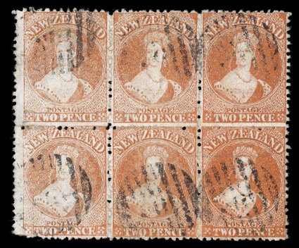 2d. vermilion block of six (3x2), Rows 13-141-3, the right-hand block of four sharing t h s of t h saunders papermakers watermark in double-lined capitals a few small faults
though a very scarce used multiple incorporating the