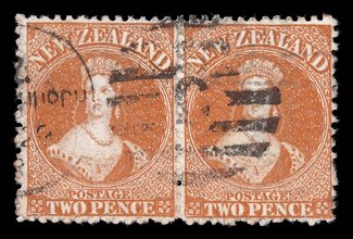 2d. vermilion horizontal pair with the right-hand stamp showing er of t h saunders papermakers watermark in double-lined capitals, lovely rich color and neatly cancelled with
part Christchurch c duplex very fine and most attra