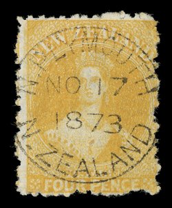 4d. orange-yellow neatly cancelled with a superb centrally struck complete strike of the n. plymouthn. zealnad c.d.s. for 17 November 1873 very fine and a most attractive
example of this scarce stamp. Sc. 49 S.G. 139, £750. provenan