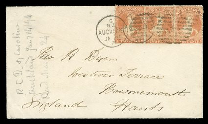 1874 (15 Jan.) envelope from Auckland to Bournemouth, bearing 2d. vermilion horizontal strip of three, Row 55-7 with Row 55 showing plate scratch on forehead, twice cancelled
with duplex and with arrival c.d.s. (24.3) on reverse the strip with