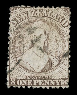 1d. brown with watermark inverted, lightly cancelled with part duplex a few blunt perforations in places though a presentable example of this very rare stamp. Sc. 45 S.G. 140,
£6,000. provenance: Christies Robson Lowe, October 1989