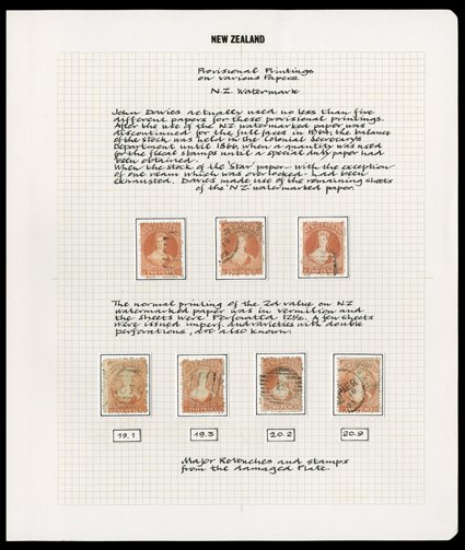 2d. vermilion (7), three from the undamaged part of the plate and cancelled largely clear of the head, four from the damaged part of the plate with retouches comprising Row
191, 193, 202 and 209 generally fine and a most attractive group. Sc