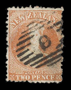 2d. vermilion showing part of decorative border, neatly cancelled 9 at New Plymouth fine. B.P.A. Certificate (1985). Sc. 50 S.G. 142, £500.