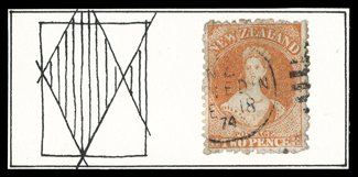 2d. vermilion showing large part of decorative border, neatly cancelled with part Dunedin 1874 duplex, fine. Sc. 50 S.G. 142, £500. provenance: Gerald Ellott