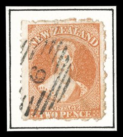 2d. vermilion showing large part of decorative border, neatly cancelled 9 at New Plymouth fine. Sc. 50 S.G. 142, £500. provenance: Gerald Ellott