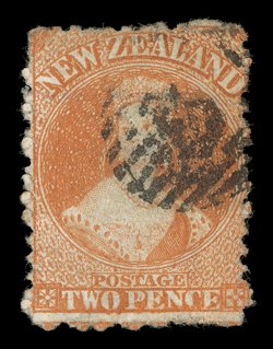 2d. vermilion showing part t and small part a, indistinct bars cancellation a presentable example of this scarce stamp. R.P.S.N.Z. (1997) and R.P.S. (2007) Certificates. Sc.
50 S.G. 142, £500. provenance: DuBois, May 2