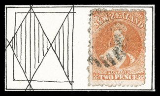 2d. vermilion retouched, Row 206, showing large part of decorative border, indistinct bars cancellation a couple of creases, otherwise sound. Scarce. Sc. 50 var. S.G. 142a,
£750. provenance: Gerald Ellott