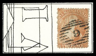 2d. vermilion retouched, Row 209, showing part vi and decorative border, neatly cancelled 9 at New Plymouth fine and scarce. Sc. 50 var. S.G. 142a, £750. provenance: Gerald
Ellott