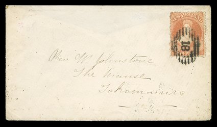 1873 (28 Dec.) envelope from Port Chalmers to Tokomairiro, bearing 2d. vermilion showing large part of decorative border and neatly cancelled 18, the reverse (one flap missing
and another with tear) showing despatch, Milton (28.12) and part Dun