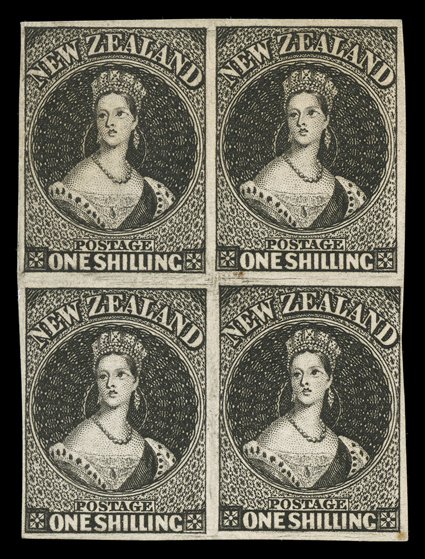 1855 original plate proofs in black on medium thick, wove, unwatermarked paper, comprising 1d. and 1- horizontal pairs and 1- block of four fine. provenance: Gerald
Ellott