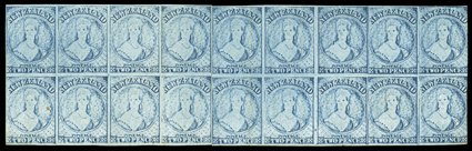 1864 Davies 2d. blue Plate I (very worn) plate proof on stout unwatermarked paper, a block of four with good to large margins. Also 1866 2d. Plate II (before the plate was
damaged) in deep blue on medium paper, Row 161. Fine. R.P.S. Certificate