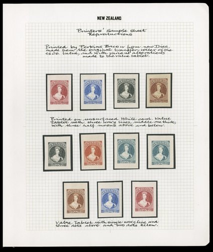A collection of Trade Samples on thin card made from new dies from the original transfer roller of the 1- value, comprising value tablet with three way lines with half moons
above and below, in carmine, blue, black and brown, and with single wav