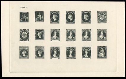 1929 sample sheet showing altered dies of New Zealand (4) together with those of Barbados (2), Ceylon (3), Newfoundland (2), New South Wales, South Australia (2), Tasmania (3)
and Victoria, all in black on piece of thin card (262x160mm.) inscribe